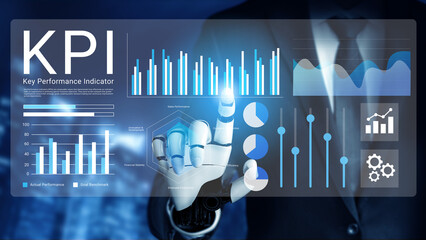 A businessman interacts with a futuristic digital dashboard displaying key performance indicators, emphasizing analytics and innovation in the corporate environment. Gantry