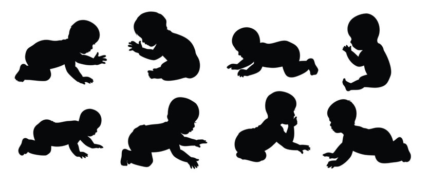  Baby crawling silhouettes collection isolated on white background