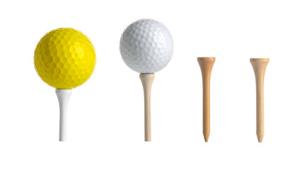 Golf balls and tees of various colors and styles, isolated on a black background