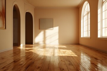 Obraz premium Spacious hall warm oak base soft beige wall dreamy light painting feel