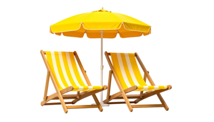 Two striped beach chairs under a bright yellow umbrella; ready for relaxation