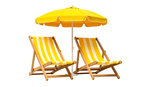 Two striped beach chairs under a bright yellow umbrella; ready for relaxation - Powered by Adobe