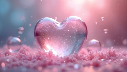 Abstract soft pink love heart bubble on pink fluffy surface. Romantic crystal glass sphere on artistic wedding background. Valentines day concept present. Sweet heart design element. Celebration idea