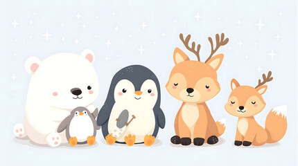 Naklejka premium Cute cartoon animals with antlers and penguin illustration on transparent background