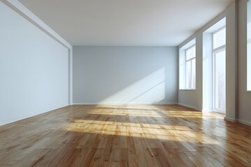 Obraz premium Spacious sunny hall wooden flooring blank matte wall high clarity minimal