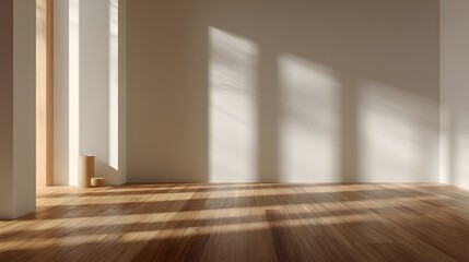 Obraz premium Realistic showroom interior blank wall warm wood flat soft shadows