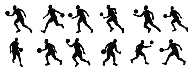 Basketball Player Silhouette Icon Set - Dribbling and Running Vector Collection