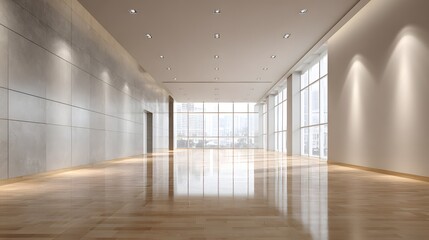 Fototapeta premium Empty modern hall warm floor minimal neutral wall clear daylight