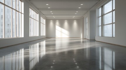 Obraz premium Empty modern hall warm floor minimal neutral wall clear daylight