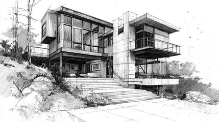 Fototapeta premium Creative Hand-Drawn Modern House Sketch Highlighting Geometry and Proportions