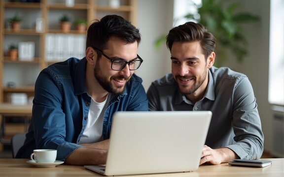 Man discussing with colleague over laptop. High quality
