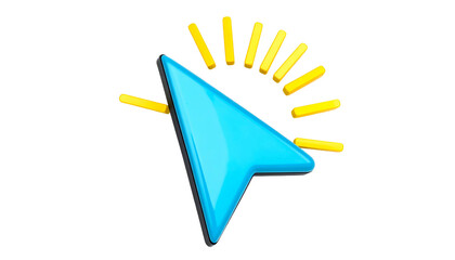A 3D-rendered, glowing blue cursor with radiating yellow lines on a black background