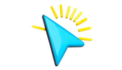 A 3D-rendered, glowing blue cursor with radiating yellow lines on a black background