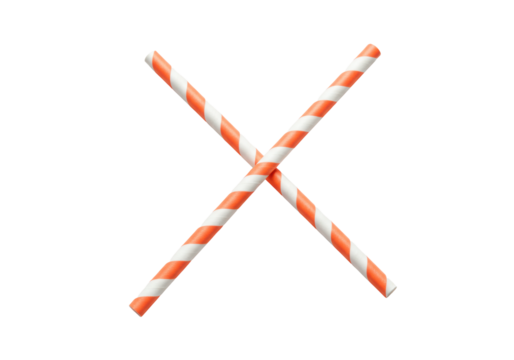 perfectly cylindrical paper straws with vibrant white and tangerine diagonal stripes crossed on a transparent studio background, hyper-detailed commercial product shot concept