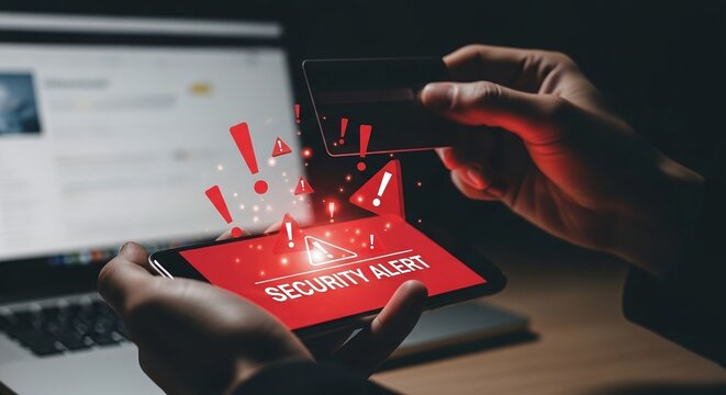 A person holding a smartphone with a security alert on the screen and a credit card, indicating a potential online fraud or data breach incident