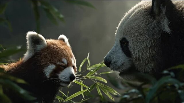 Close up of panda and red panda in natural habitat