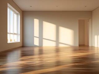 Obraz premium Minimal home interior warm laminated floor clean neutral wall balanced feel