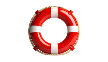 A glossy red life preserver with white stripes and a rope border against a black backdrop