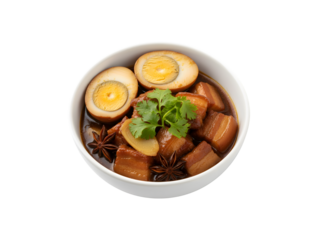 A bowl of egg and pork in sweet brown sauce, featuring 2 boiled eggs, tender braised pork, and fresh cilantro, all set against a white background. It's a popular dish in Asia.

