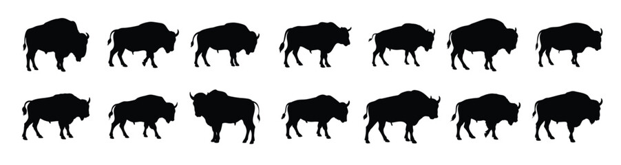Bison Silhouette Icon Set - Wild Animal, Buffalo Vector Collection, Nature Clipart