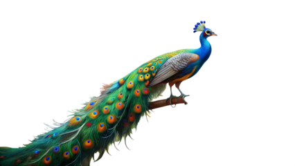Stunning peacock perched gracefully on a branch, vibrant plumage shimmering with iridescent colors, exuding elegance and beauty, perfect for nature designs