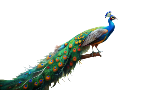 Stunning peacock perched gracefully on a branch, vibrant plumage shimmering with iridescent colors, exuding elegance and beauty, perfect for nature designs