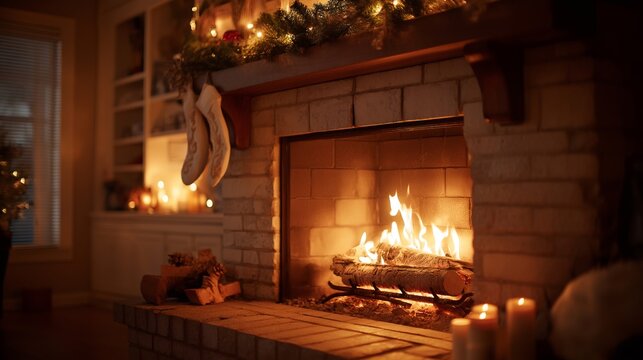 Cozy brick fireplace with burning logs and festive Christmas decorations creating a warm, inviting glow.