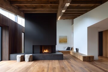 Fototapeta premium Natural interior space warm timber floor wall warm shade built for layout