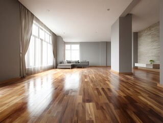 Obraz premium Spacious warm designer room blank soft wall timber tone flooring