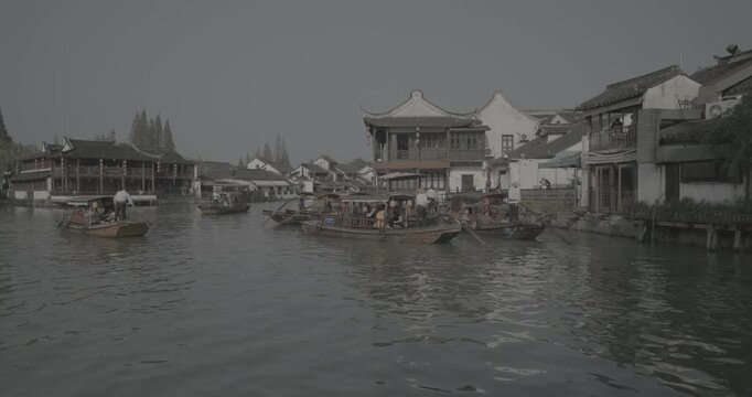 Breathtaking View of a Historic Water Town with Boats on Calm Waters. Zhujiajiao, Shanghai, China
