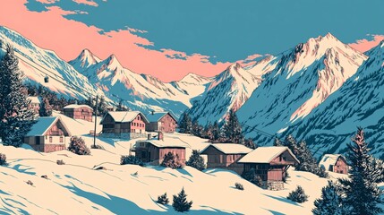 Snowy alpine village and mountains in a vintage travel poster illustration style.