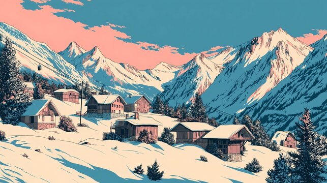 Snowy alpine village and mountains in a vintage travel poster illustration style.