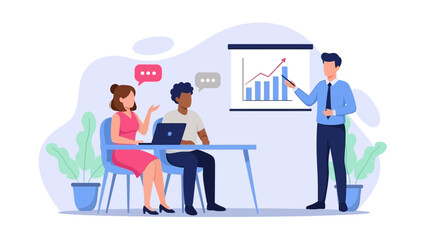 Obraz premium Business professionals collaborating and analyzing data on laptop with graph presentation in a modern office setting