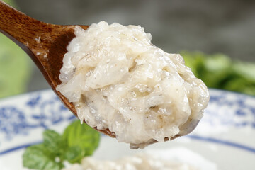 Fresh Shrimp Puree on Wooden Spoon with Herbs