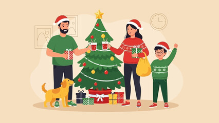 Fototapeta premium A family, including a dog, celebrates Christmas by exchanging gifts near a decorated Christmas tree.