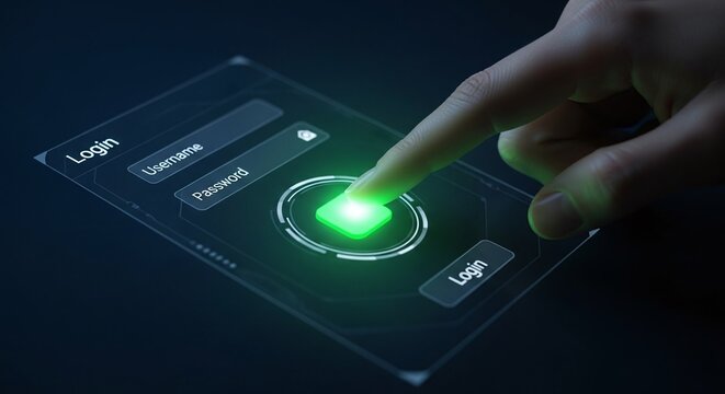 Fingerprint authentication on a futuristic transparent device, a secure and modern approach to accessing digital content and protecting personal data with biometric technology - Powered by Adobe