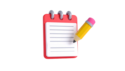 3D-rendered red notepad with lined pages and a yellow pencil, set against black