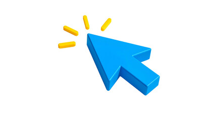 Blue 3D computer cursor with golden sparkle effect, set against a black background