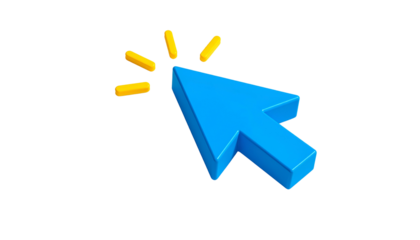 Blue 3D computer cursor with golden sparkle effect, set against a black background