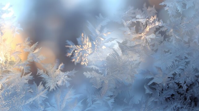Abstract macro of intricate ice crystal patterns on a frosted window pane with warm sunlight.