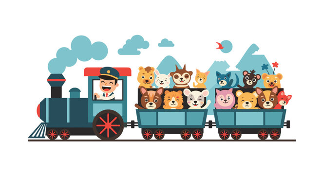 Cute cartoon train driver and happy animals traveling through the mountains.
