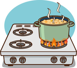 Vector illustration of food cooking in a pot on the stove.