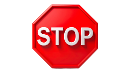 A vibrant, three-dimensional stop sign with white text and a shadow against a black backdrop