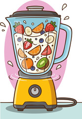 Vector illustration of blender with fruit and working blender.
