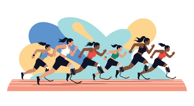 Diverse group of female athletes with prosthetic legs competing in a race.