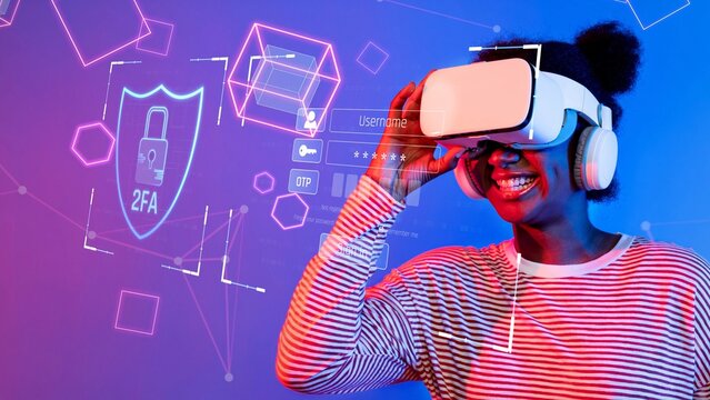 A joyful woman engages with a virtual reality headset surrounded by colorful tech graphics, illustrating the fusion of gaming and cybersecurity in a vibrant digital world. Raster