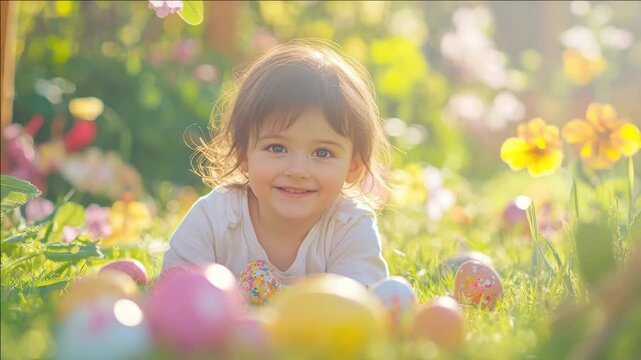 Girl in field of colorful flowers with Easter eggs