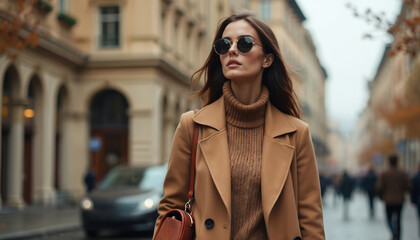 Obraz premium Stylish woman in camel coat walks through autumn European city street. Wears sunglasses, turtleneck sweater, carrying brown leather bag. Fashionable lady enjoys fall urban setting with classic