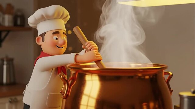 Animated chef preparing food in a copper pot