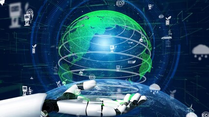A futuristic robot hand extends towards a green globe, symbolizing technology role in sustainable energy and eco-friendly innovations in today digital landscape. Xenic